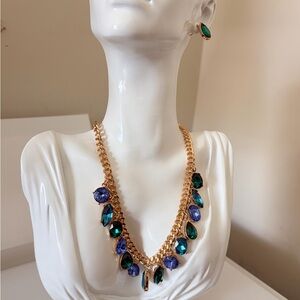 Gold Chain Necklace and earring set with Emerald & Sapphire Teardrop Stones
